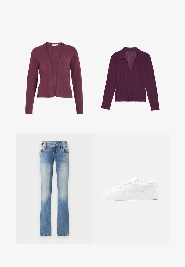 Bordeaux cardigan med åben front, lange ærmer, ribbede manchetter og kant. Lavet af blødt strikstof med en let tekstur.; Langærmet top med dyb V-udskæring i mørkelilla med ribbet struktur og krave. Har en tætsiddende pasform og let stræk.; Lyseblå denimjeans med lige ben-design, der har en fem-knaps lukning, forlommer og subtile falme-detaljer.; Hvid lavtop-sneaker med tyk sål, snørelukning og diskrete syningsdetaljer på en ensfarvet lys baggrund.