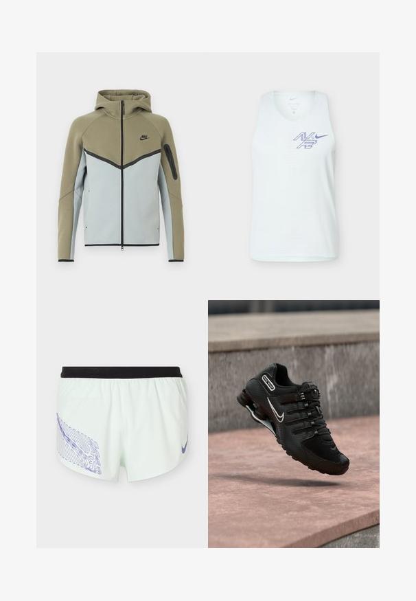 Nike-Kapuzenjacke mit Reißverschluss, olivgrün im oberen Bereich, hellgrau unten, schwarze Einfassung, Reißverschlusstasche am Ärmel und angenähter Kapuze, von vorne gezeigt.; Weißes ärmelloses Sporttop mit perforiertem Stoff und violett stilisiertem „N7“-Logo sowie Nike-Swoosh auf der Brust.; Weiße Sportshorts mit einem schwarzen Bund, mit einem lila abstrakten Muster am linken Bein und einem lila Nike-Logo am rechten Bein.; Schwarzer Nike Shox Laufschuh mit weißem Swoosh-Logo, in der Luft über einer rosafarbenen Betonfläche vor einem grauen Steinmauer-Hintergrund.