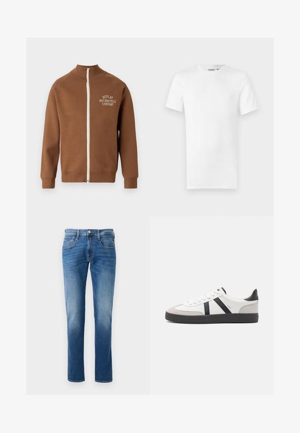 Bruine zip-up jas met staande kraag, voorzien van een crèmekleurige rits en het "REPLAY MOTORCYCLE COMPANY" logo in lichtbeige op de borst.; Effen wit T-shirt met korte mouwen en een ronde hals, met een klein merklintje aan de binnenkant van de kraag, weergegeven op een witte achtergrond.; Heren blauwe denim jeans met een vervaagde was, straight leg ontwerp, vijf zakken en een sluiting met een knoop aan de voorkant. Gestikte accenten op de zakken.; Witte sneaker met zwarte en grijze accenten, voorzien van een grijze neus met textuur, zwarte rubberen zool en platte witte veters. Schoon ontwerp, minimalistische stijl.