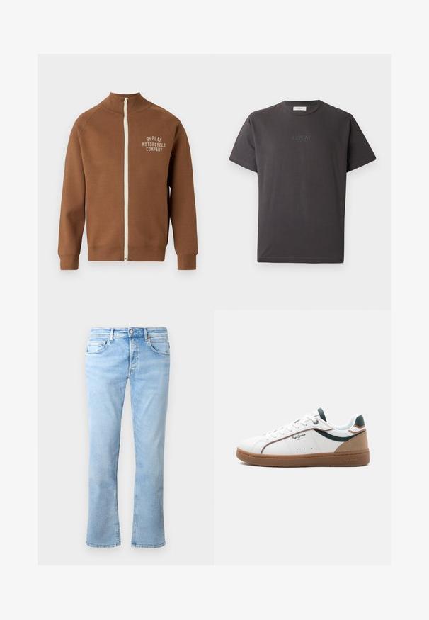 Brun lynlåsjakke med ståkrave, der har en cremefarvet lynlås og "REPLAY MOTORCYCLE COMPANY" logo i lys beige på brystet.; Mørkegrå kortærmet bomulds-t-shirt med et diskret reliefprint af "REPLAY" logoet foran. Rund halsudskæring og afslappet pasform.; Lyseblå denimjeans har en lige ben-design, fem lomme-styling og en knaplukning. Stoffet har en glat tekstur med falmede accenter.; Hvid lavtop sneaker med brun sål, grønne og beige accenter, hvide snørebånd og "Pepe Jeans London"-logo på siden.