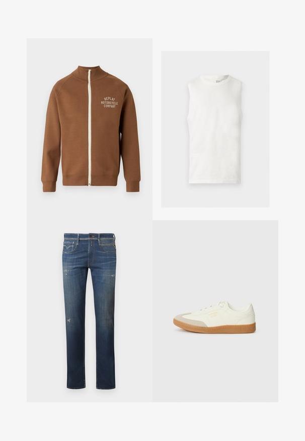 Brun lynlåsjakke med ståkrave, der har en cremefarvet lynlås og "REPLAY MOTORCYCLE COMPANY" logo i lys beige på brystet.; Hvid ærmeløs tanktop med rund halsudskæring med en lille GAP-logo på indersiden af kraven bagtil, fladt lagt på en lys baggrund.; Mørkeblå denim jeans med lige ben, med slidte områder, subtile falmninger og traditionelt fem-lommes design med knaplukning.; Sneaker lavet af hvid læder med en beige tåhætte og let brunt gummisål. Har flade hvide snørebånd og prægede branding på siden.
