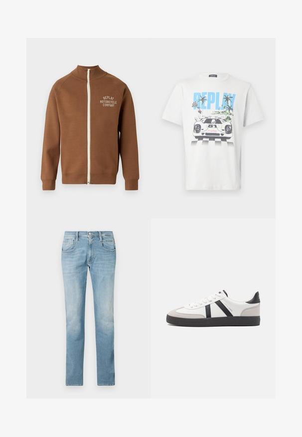Bruine zip-up jas met staande kraag, voorzien van een crèmekleurige rits en het "REPLAY MOTORCYCLE COMPANY" logo in lichtbeige op de borst.; Wit katoenen T-shirt met een kleurrijke afbeelding van een raceauto, palmbomen en geruite vlaggen, met duidelijk de tekst "REPLAY".; Lichtblauwe denim jeans met een rechte pijp ontwerp, vijf zakken en een vervaagde afwerking. Voorzien van een voorste knoop- en ritssluiting.; Witte sneaker met zwarte en grijze accenten, voorzien van een grijze neus met textuur, zwarte rubberen zool en platte witte veters. Schoon ontwerp, minimalistische stijl.