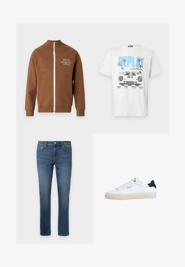Chaqueta marrón con cremallera y cuello alzado, que presenta una cremallera crema y el logo "REPLAY MOTORCYCLE COMPANY" en beige claro en el pecho.; Camiseta blanca de algodón con un gráfico colorido de un coche de carreras, palmeras y banderas a cuadros, con la palabra "REPLAY" en primer plano.; Jeans de denim azul con un diseño de pierna recta, que cuenta con estilo de cinco bolsillos y un ligero deslavado. Incluye un cierre frontal con botón y cremallera.; Zapatilla deportiva blanca de corte bajo con suela beige, cordones blancos, lengüeta trasera negra y logotipo "Pepe Jeans London" en el lateral.
