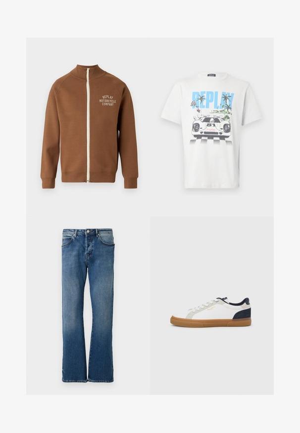 Brun lynlåsjakke med ståkrave, der har en cremefarvet lynlås og "REPLAY MOTORCYCLE COMPANY" logo i lys beige på brystet.; Hvid bomulds-T-shirt med et farverigt motiv af en racerbils, palmer og ternede flag, med "REPLAY" tydeligt vist.; Lyseblå denimjeans med lige ben-design, der har fem lommer, en knap-lukning og diskret falmning på stoffet.; Hvide lærreds-sneakers med marineblå og grå ruskindsdetaljer. Har en sål af gummigummi, rundet snude og klassisk snøredesign.