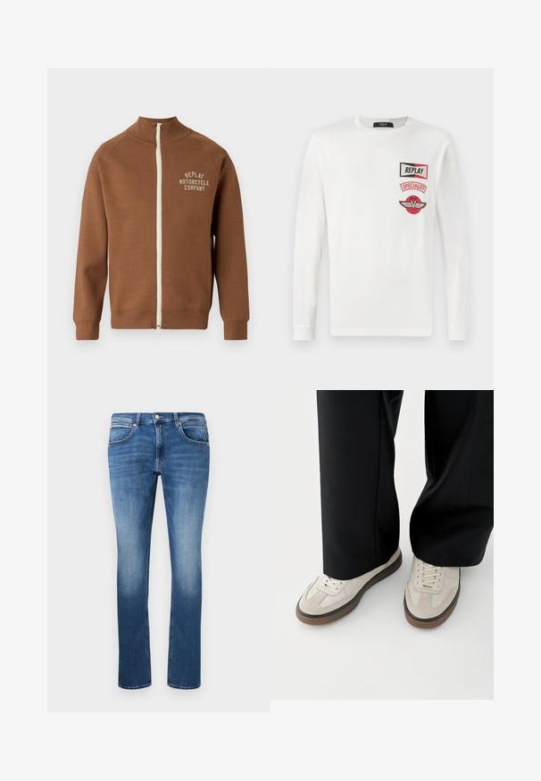 Brun lynlåsjakke med ståkrave, der har en cremefarvet lynlås og "REPLAY MOTORCYCLE COMPANY" logo i lys beige på brystet.; Hvid skjorte med lange ærmer og tre røde og sorte mærker på venstre bryst: "REPLAY," "SPECIALIST," og et vinget V-logo.; Blå denim jeans med lige snit, der har let falmning, fem lommer og en knap-og lynlås lukning. Syede detaljer langs sømmene.; Fødder iført beige sneakers med brune såler og sorte bukser med vide ben på hvid baggrund.