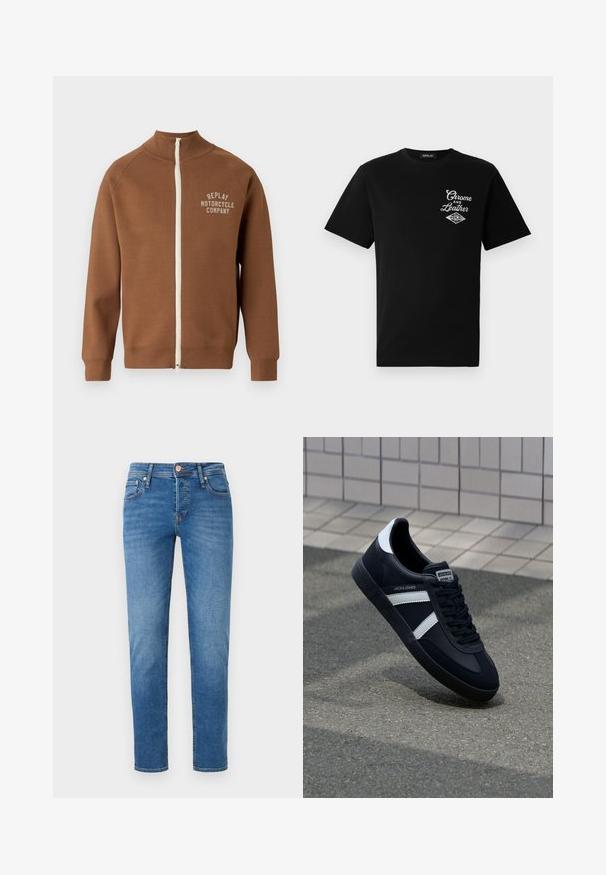 Bruine zip-up jas met staande kraag, voorzien van een crèmekleurige rits en het "REPLAY MOTORCYCLE COMPANY" logo in lichtbeige op de borst.; Zwarte katoenen t-shirt met korte mouwen, voorzien van een witte "Chrome and Leather" grafiek op de linkerkant van de borst en de merknaam "REPLAY."; Blauwe denim jeans met een slim fit, vijf pockets, sluiting met een knoop aan de voorkant en subtiele vervaging op de dijen en knieën.; Zwarte leren sneaker met witte strepen, een gestructureerde rubberen zool en vetersluiting aan de voorkant. Voorzien van een merklabel op de tong.