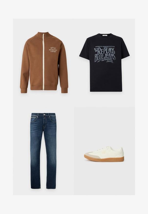 Braune Zip-Jacke mit Stehkragen, mit einem cremefarbenen Reißverschluss und dem Logo "REPLAY MOTORCYCLE COMPANY" in hellbeige auf der Brust.; Schwarzes Baumwoll-T-Shirt mit kurzen Ärmeln und rundem Halsausschnitt, mit einem grafischen Textdesign im Vintage-Stil in Weiß und hellblau auf der Vorderseite.; Dunkelblaue Gerade geschnittene Jeans mit leichter Ausbleichung an den Oberschenkeln, fünf Taschen und einem metallenen Knopfverschluss an der Taille.; Sneaker aus weißem Leder mit einer beigen Zehenkappe und leichter brauner Gummisohle. Verfügt über flache weiße Schnürsenkel und geprägtes Branding an der Seite.