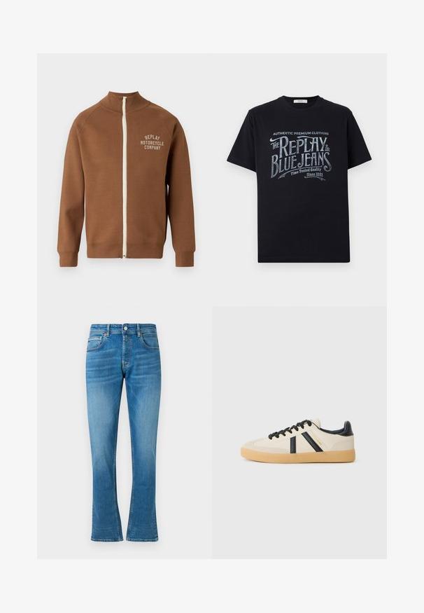 Braune Zip-Jacke mit Stehkragen, mit einem cremefarbenen Reißverschluss und dem Logo "REPLAY MOTORCYCLE COMPANY" in hellbeige auf der Brust.; Schwarzes Baumwoll-T-Shirt mit kurzen Ärmeln und rundem Halsausschnitt, mit einem grafischen Textdesign im Vintage-Stil in Weiß und hellblau auf der Vorderseite.; Blaue Denim- Schlagjeans mit normaler Taille, zwei Fronttaschen und leichter Abnutzung. Der Stoff hat eine weiche Textur und traditionelle Nähte.; Legere Sneaker in Creme mit schwarzen Streifen, mit einer strukturierten Oberseite und einer Sohle aus Gummi. Die Schnürsenkel sind schwarz. Diskretes Logo an der Seite.