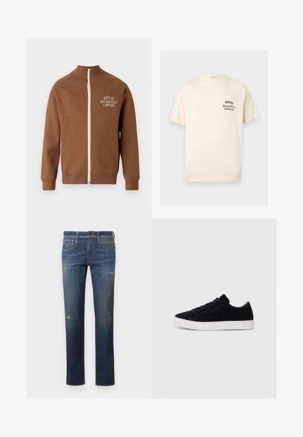 Brun lynlåsjakke med ståkrave, der har en cremefarvet lynlås og "REPLAY MOTORCYCLE COMPANY" logo i lys beige på brystet.; Kremfarvet T-shirt med korte ærmer med sort tekst "REPLAY Squadra Corse ADRENALINA" på venstre bryst og rund halsudskæring.; Mørkeblå denim jeans med lige ben, med slidte områder, subtile falmninger og traditionelt fem-lommes design med knaplukning.; Sorte suede sneakers med lav-top design, rund tå og hvid gummisål. Har sorte snørebånd og minimal branding på siden.