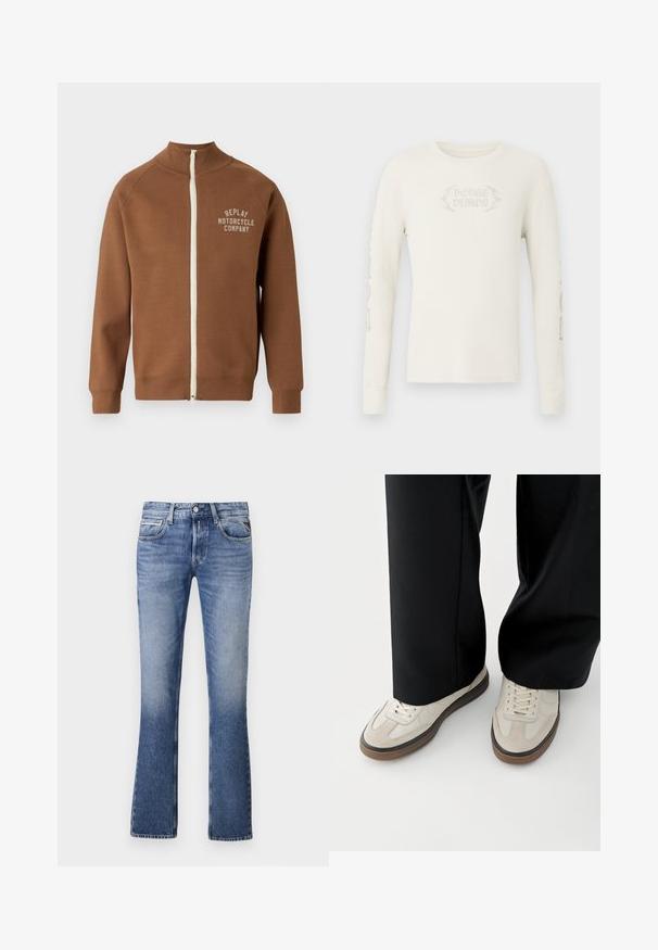 Braune Zip-Jacke mit Stehkragen, mit einem cremefarbenen Reißverschluss und dem Logo "REPLAY MOTORCYCLE COMPANY" in hellbeige auf der Brust.; Langärmeliges, cremefarbenes, geripptes T-Shirt mit der Stickerei "DODGE DEMON" auf der Vorderseite und Grafiken auf dem rechten Ärmel. Weiche Textur.; Helle Blaujeans aus Denim mit einem ausgestellten Bein-Design, das fünf Taschen, einen Knopfverschluss vorne und dezente Verblassungen aufweist.; Füße mit beigen Sneakers mit braunen Sohlen und schwarzen Hosen mit weitem Bein auf weißem Hintergrund.