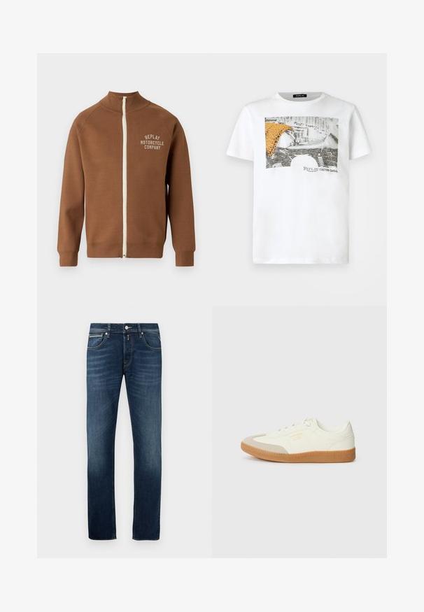 Braune Zip-Jacke mit Stehkragen, mit einem cremefarbenen Reißverschluss und dem Logo "REPLAY MOTORCYCLE COMPANY" in hellbeige auf der Brust.; Weißes T-Shirt mit kurzen Ärmeln, bedruckt mit einem schwarz-weißen Motorradmotiv, einem orangefarbenen Leopardenmuster-Stoff und dem Schriftzug "Replay Custom Garage" auf der Vorderseite.; Dunkelblaue Gerade geschnittene Jeans mit leichter Ausbleichung an den Oberschenkeln, fünf Taschen und einem metallenen Knopfverschluss an der Taille.; Sneaker aus weißem Leder mit einer beigen Zehenkappe und leichter brauner Gummisohle. Verfügt über flache weiße Schnürsenkel und geprägtes Branding an der Seite.