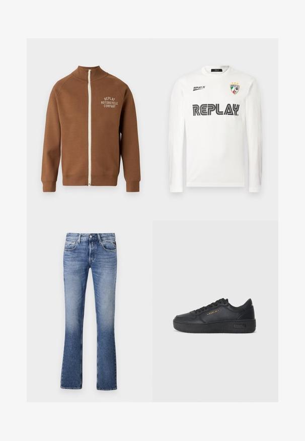 Chaqueta marrón con cremallera y cuello alzado, que presenta una cremallera crema y el logo "REPLAY MOTORCYCLE COMPANY" en beige claro en el pecho.; Camisa blanca de manga larga con el texto negro "REPLAY" en el pecho, pequeño texto "REPLAY FC" en la parte superior izquierda y un emblema de escudo tricolor con tres estrellas en la parte superior derecha.; Vaqueros de mezclilla azul claro con un diseño de pierna acampanada, que cuentan con cinco bolsillos, un cierre delantero de botón y un ligero desgaste en toda la prenda.; Replay EPIC HIGH - Zapatillas - black