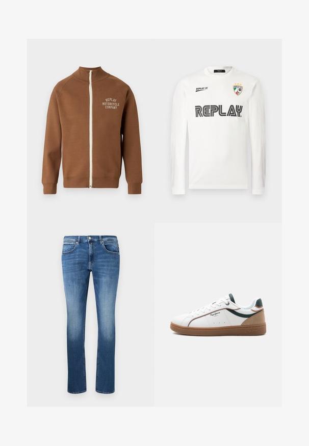 Brun lynlåsjakke med ståkrave, der har en cremefarvet lynlås og "REPLAY MOTORCYCLE COMPANY" logo i lys beige på brystet.; Hvid langærmet skjorte med sort "REPLAY" tekst henover brystet, lille "REPLAY FC" tekst øverst til venstre, og et tri-farvet skjold emblem med tre stjerner øverst til højre.; Blå denim jeans med lige snit, der har let falmning, fem lommer og en knap-og lynlås lukning. Syede detaljer langs sømmene.; Hvid lavtop sneaker med brun sål, grønne og beige accenter, hvide snørebånd og "Pepe Jeans London"-logo på siden.