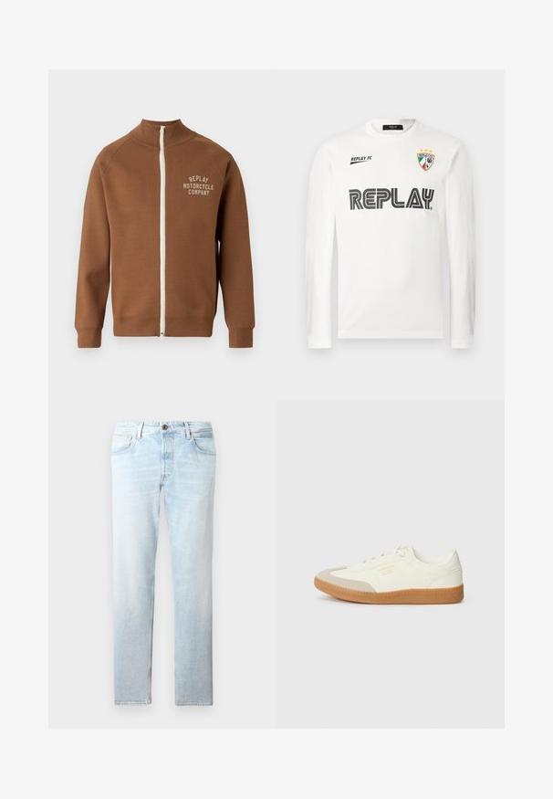 Bruine zip-up jas met staande kraag, voorzien van een crèmekleurige rits en het "REPLAY MOTORCYCLE COMPANY" logo in lichtbeige op de borst.; Witte lange mouwen shirt met zwarte "REPLAY" tekst over de borst, kleine "REPLAY FC" tekst op de bovenlinkerzijde, en een driekleurig schildembleem met drie sterren op de bovenrechterside.; Lichtblauwe denim jeans met een rechte pijp, vijf zakken en een sluiting met één knop, met vervaagde plekken en subtiele textuur.; Schoen gemaakt van wit leer met een beige teenkap en een lichtbruine rubberen zool. Voorzien van platte witte veters en reliëfbranding aan de zijkant.