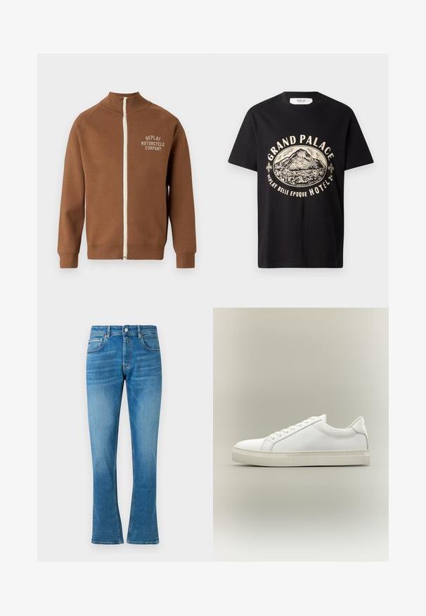 Braune Zip-Jacke mit Stehkragen, mit einem cremefarbenen Reißverschluss und dem Logo "REPLAY MOTORCYCLE COMPANY" in hellbeige auf der Brust.; Schwarzes Baumwoll-T-Shirt mit einem beigen Grafikdruck eines Berges und dem Text "Grand Palace Replay Belle Epoque Hotel." Einfaches Design mit Rundhalsausschnitt.; Blaue Denim- Schlagjeans mit normaler Taille, zwei Fronttaschen und leichter Abnutzung. Der Stoff hat eine weiche Textur und traditionelle Nähte.; Weißer Sneaker mit niedrigem Schaft, vorn mit Schnürung und dicker Sohle, aus der Seitenansicht vor neutralem Hintergrund.