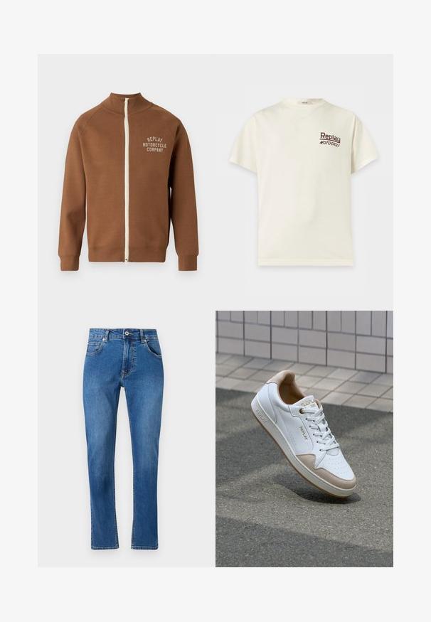 Brun lynlåsjakke med ståkrave, der har en cremefarvet lynlås og "REPLAY MOTORCYCLE COMPANY" logo i lys beige på brystet.; Kremfarvet T-shirt med korte ærmer og rund halsudskæring med "Replay Motocicli" trykt med små mørke bogstaver på venstre bryst.; Blå denim jeans med lige benudskæring, fem lommer og synlige syninger. Materialet viser en let falming. Klassisk stil.; Hvide lædersneakers med beige ruskindsdetaljer, flade snørebånd, perforeret tåboks og guldlogo på tungen og siden.