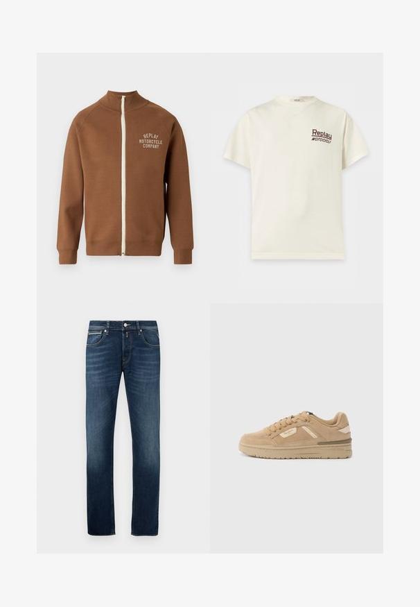 Braune Zip-Jacke mit Stehkragen, mit einem cremefarbenen Reißverschluss und dem Logo "REPLAY MOTORCYCLE COMPANY" in hellbeige auf der Brust.; Cremefarbenes T-Shirt mit kurzen Ärmeln und Rundhalsausschnitt mit "Replay Motocicli" in kleinen dunklen Buchstaben auf der linken Brust.; Dunkelblaue Gerade geschnittene Jeans mit leichter Ausbleichung an den Oberschenkeln, fünf Taschen und einem metallenen Knopfverschluss an der Taille.; Tanfarbener Wildleder-Sneaker mit rundem Zehenbereich, Schnürung vorne und gepolstertem Schaft. Verfügt über eine strukturierte Zwischensohle und dezente Branding-Akzente an der Seite.