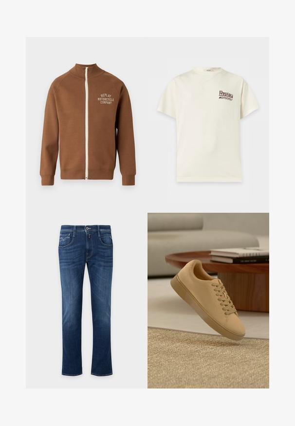 Braune Zip-Jacke mit Stehkragen, mit einem cremefarbenen Reißverschluss und dem Logo "REPLAY MOTORCYCLE COMPANY" in hellbeige auf der Brust.; Cremefarbenes T-Shirt mit kurzen Ärmeln und Rundhalsausschnitt mit "Replay Motocicli" in kleinen dunklen Buchstaben auf der linken Brust.; Dunkelblaue Straight-Leg-Jeans mit vorderem Knopf, Reißverschluss und Fünf-Taschen-Design.; Beiger geschnürter Sneaker, der über einem strukturierten Teppich mit Holzcouchtisch und gestapelten Büchern im verschwommenen Hintergrund schwebt.