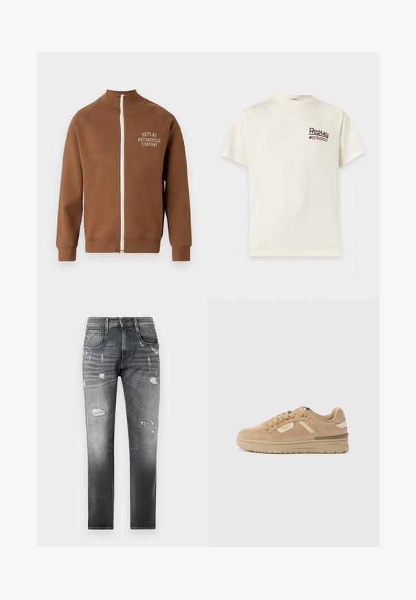 Brun lynlåsjakke med ståkrave, der har en cremefarvet lynlås og "REPLAY MOTORCYCLE COMPANY" logo i lys beige på brystet.; Kremfarvet T-shirt med korte ærmer og rund halsudskæring med "Replay Motocicli" trykt med små mørke bogstaver på venstre bryst.; Falmede sorte denimjeans med slidte lapper. Har fem lommer, en knaplukning og en lige ben-design.; Tanfarvede ruskindssneakers med rund tå, snørelukning foran og polstret krave. Har en tekstureret mellemsål og diskrete brandingdetaljer på siden.