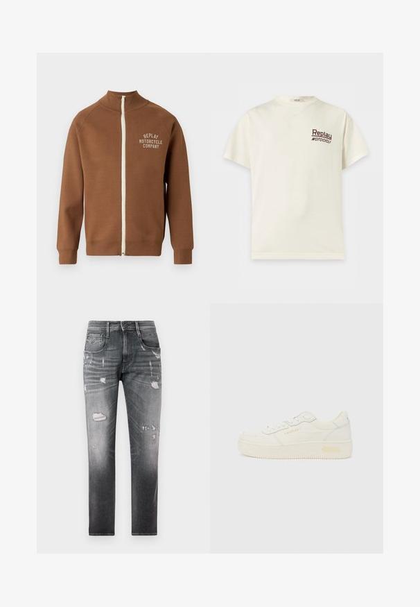 Brun lynlåsjakke med ståkrave, der har en cremefarvet lynlås og "REPLAY MOTORCYCLE COMPANY" logo i lys beige på brystet.; Kremfarvet T-shirt med korte ærmer og rund halsudskæring med "Replay Motocicli" trykt med små mørke bogstaver på venstre bryst.; Falmede sorte denimjeans med slidte lapper. Har fem lommer, en knaplukning og en lige ben-design.; Lavtop hvid sneaker med snørelukning foran, tyk sål og diskret "REPLAY" branding på siden og hælen, vist i profil.