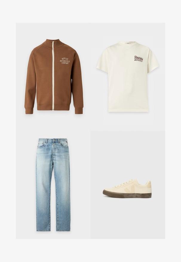 Brun lynlåsjakke med ståkrave, der har en cremefarvet lynlås og "REPLAY MOTORCYCLE COMPANY" logo i lys beige på brystet.; Kremfarvet T-shirt med korte ærmer og rund halsudskæring med "Replay Motocicli" trykt med små mørke bogstaver på venstre bryst.; Lyseblå denimjeans med lige ben-design, der har et klassisk fem-lomme layout og knapåbning. Falmet tekstur over det hele.; Beige lærredssko med rund tå, flade snørebånd og struktureret brun gummisål. Har et logo på siden og et minimalistisk design.