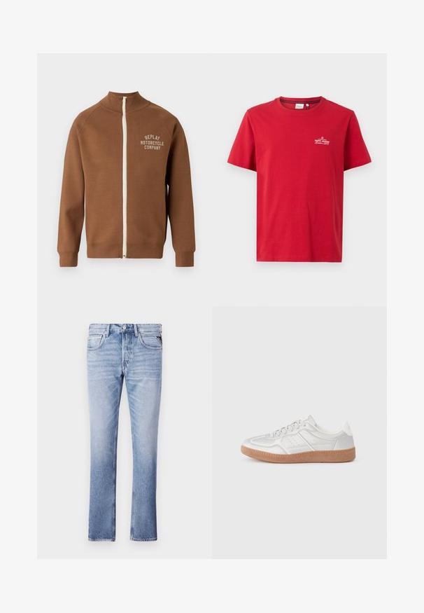 Bruine zip-up jas met staande kraag, voorzien van een crèmekleurige rits en het "REPLAY MOTORCYCLE COMPANY" logo in lichtbeige op de borst.; Pepe Jeans THIAGO TEE - T-shirt print - rugby red; Lichtblauwe denim jeans met een rechte pijpdesign, vijf zakken en zichtbare stikseldetails. Fluweelzachte textuur en klassieke pasvorm.; Zilveren sneakers met een gladde textuur, vetersluiting, geperforeerde accenten en een gestructureerde bruine rubberen zool.