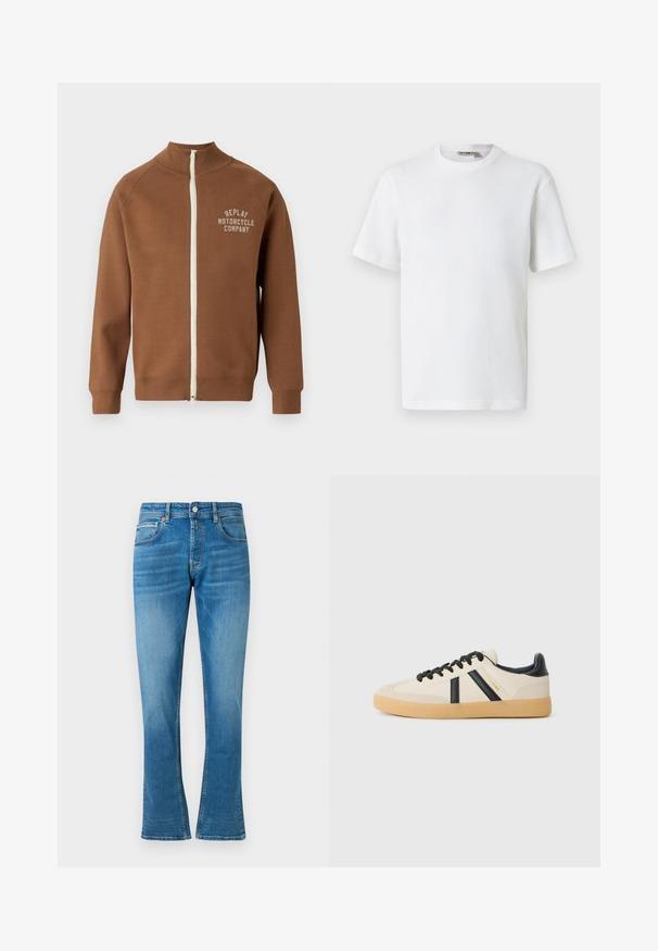 Veste marron zippée avec col montant, présentant une fermeture éclair crème et le logo "REPLAY MOTORCYCLE COMPANY" en beige clair sur la poitrine.; T-shirt blanc à manches courtes en maille gaufrée avec col rond, petite étiquette de marque à l'intérieur du col, présenté sur un fond uni.; Jean en denim bleu évasés avec une taille mi-haute, deux poches avant et un léger délavage. Le tissu a une texture douce et des coutures traditionnelles.; Baskets décontractées en crème avec des rayures noires, présentant un dessus texturé et une semelle en caoutchouc. Les lacets sont noirs. Logo discret sur le côté.