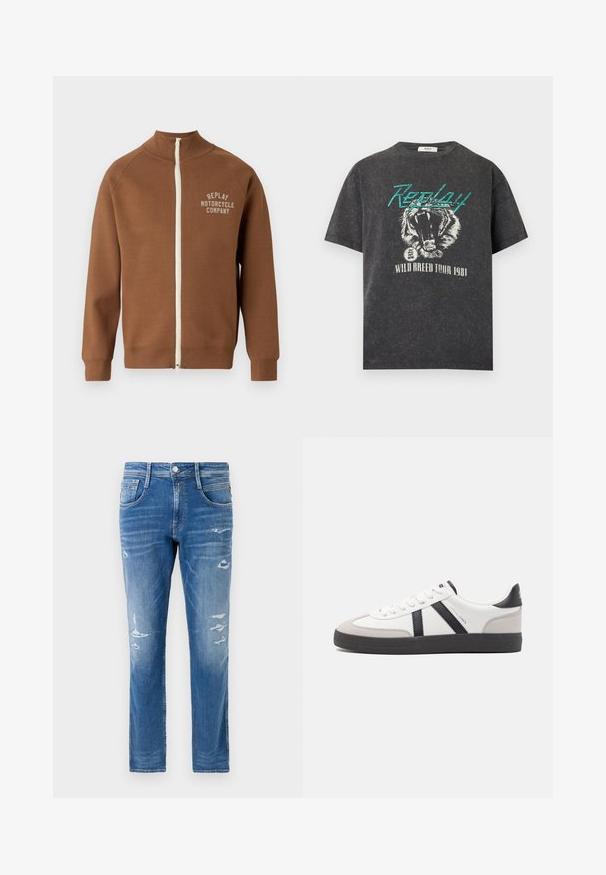 Braune Zip-Jacke mit Stehkragen, mit einem cremefarbenen Reißverschluss und dem Logo "REPLAY MOTORCYCLE COMPANY" in hellbeige auf der Brust.; Schwarz gewaschenes T-Shirt mit türkisfarbenem "Replay"-Schriftzug, brüllendem Tiger-Design und weißem "Wild Breed Tour 1981"-Text darunter.; Denim-Jeans in einer hellblauen Wäsche mit regulärer Passform. Mit abgenutzten Details und subtilen Auswaschungen in der Nähe der Taschen und Knie.; Weiße Sneaker mit schwarz- und grau-aczenten, ausgestattet mit einer strukturierten grauen Zehenkappe, schwarzer Gummi-Sohle und flachen weißen Schnürsenkeln. Sauberes Design, minimalistische Stil.