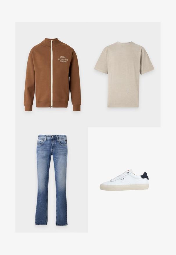 Brun lynlåsjakke med ståkrave, der har en cremefarvet lynlås og "REPLAY MOTORCYCLE COMPANY" logo i lys beige på brystet.; Kortærmet T-shirt i lys beige med rund hals, lavet af blødt stof, med en glat tekstur og et enkelt design uden grafik.; Lyseblå denimjeans med en udvidet ben-design, der har fem lommer, en knaplukning foran og diskret falmning overalt.; Hvid lavtop-sneaker med beige sål, hvide snørebånd, sort hælkappe og "Pepe Jeans London"-logo på siden.