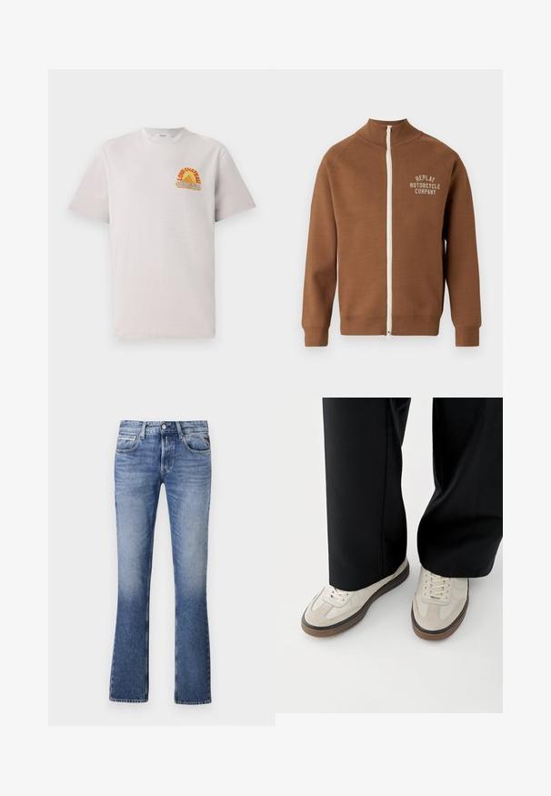 Bruine zip-up jas met staande kraag, voorzien van een crèmekleurige rits en het "REPLAY MOTORCYCLE COMPANY" logo in lichtbeige op de borst.; Lichtgrijs katoen T-shirt met ronde hals, voorzien van een kleurrijke "Lone Château Replay" grafiek in oranje en blauw op de borst.; Lichtblauwe denim jeans met een uitlopende pijpdesign, voorzien van vijf zakken, een knoopsluiting aan de voorkant en subtiele vervaging overal.; Voeten met beige sneakers met bruine zolen en zwarte wijde broekspijpen op een witte achtergrond.