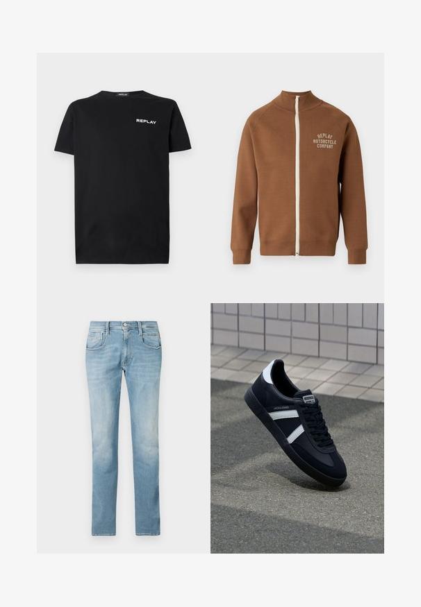 Braune Zip-Jacke mit Stehkragen, mit einem cremefarbenen Reißverschluss und dem Logo "REPLAY MOTORCYCLE COMPANY" in hellbeige auf der Brust.; Schwarzes Baumwoll-T-Shirt mit kurzen Ärmeln und Rundhalsausschnitt, mit einem weißen "REPLAY"-Logo auf der linken Brustseite. Glatte Textur.; Hellblaue Jeans aus Denim mit geradem Bein, fünf Taschen und einem gefragten Finish. Verfügt über einen vorderen Knopf- und Reißverschluss.; Schwarze Leder-Sneaker mit weißen Streifen, strukturiertem Gummisohle und Schnürung. Verfügt über ein Markenetikett auf der Zunge.