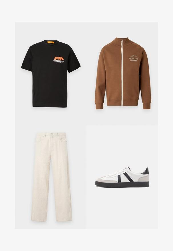 Braune Zip-Jacke mit Stehkragen, mit einem cremefarbenen Reißverschluss und dem Logo "REPLAY MOTORCYCLE COMPANY" in hellbeige auf der Brust.; Schwarzes Baumwoll-T-Shirt mit kurzen Ärmeln, auf der Vorderseite mit einem orangen und weißen grafischen Textdesign. Rundhalsausschnitt, lockere Passform.; Beige weite Hosen aus strukturiertem Stoff, mit einem Knopfverschluss, Gürtelschlaufen und klassischem Taschenstil.; Weiße Sneaker mit schwarz- und grau-aczenten, ausgestattet mit einer strukturierten grauen Zehenkappe, schwarzer Gummi-Sohle und flachen weißen Schnürsenkeln. Sauberes Design, minimalistische Stil.