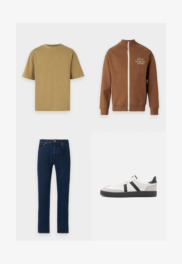 Bruine zip-up jas met staande kraag, voorzien van een crèmekleurige rits en het "REPLAY MOTORCYCLE COMPANY" logo in lichtbeige op de borst.; Khaki korte mouw t-shirt, gemaakt van zachte katoen, met een ronde halslijn en een relaxte pasvorm. Soepele textuur zonder zichtbare patronen of accenten.; Donkerblauwe jeans met rechte pijpen, voorzien van een knoop- en ritssluiting aan de voorkant, een ontwerp met vijf zakken en oranje stiksel details.; Witte sneaker met zwarte en grijze accenten, voorzien van een grijze neus met textuur, zwarte rubberen zool en platte witte veters. Schoon ontwerp, minimalistische stijl.