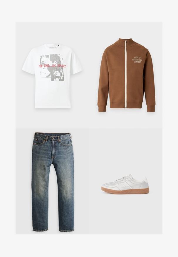 Brun lynlåsjakke med ståkrave, der har en cremefarvet lynlås og "REPLAY MOTORCYCLE COMPANY" logo i lys beige på brystet.; Hvid bomulds T-shirt med et grafisk print af ansigter og teksten "THE ROLLING STONES" i rød. Rund hals og korte ærmer.; Blå, falmede lige ben denim jeans med forlommer, bæltestropper, knap og lynlås lukning på en lys baggrund.; Sølv sneakers med en glat overflade, snørebånd, perforerede detaljer og en struktureret brun gummi sål.