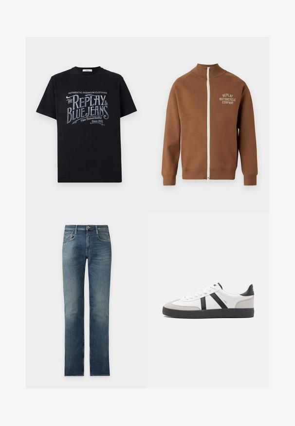 Bruine zip-up jas met staande kraag, voorzien van een crèmekleurige rits en het "REPLAY MOTORCYCLE COMPANY" logo in lichtbeige op de borst.; Zwarte katoenen t-shirt met korte mouwen en een ronde halslijn, met een vintage-stijl witte en lichtblauwe grafische tekstontwerp op de voorkant.; Blauwe denim jeans met lichte vervaging, vijf zakken stijl, rechte pijp en knoopsluiting bij de taille.; Witte sneaker met zwarte en grijze accenten, voorzien van een grijze neus met textuur, zwarte rubberen zool en platte witte veters. Schoon ontwerp, minimalistische stijl.