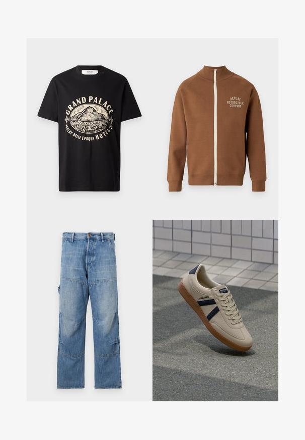 Braune Zip-Jacke mit Stehkragen, mit einem cremefarbenen Reißverschluss und dem Logo "REPLAY MOTORCYCLE COMPANY" in hellbeige auf der Brust.; Schwarzes Baumwoll-T-Shirt mit einem beigen Grafikdruck eines Berges und dem Text "Grand Palace Replay Belle Epoque Hotel." Einfaches Design mit Rundhalsausschnitt.; Hellblaue Jeanshose mit weitem Bein, ausgebleichten Bereichen und aufgenähten Nähten. Mit einem Knopf- und Reißverschluss vorne sowie seitlichen Taschen.; Beige Sneaker mit strukturierter Oberfläche, dunkelblauen Streifen und Gummisohle. Verfügt über eine gepolsterte Zunge und ein traditionelles Schnürsystem für einen sicheren Sitz.