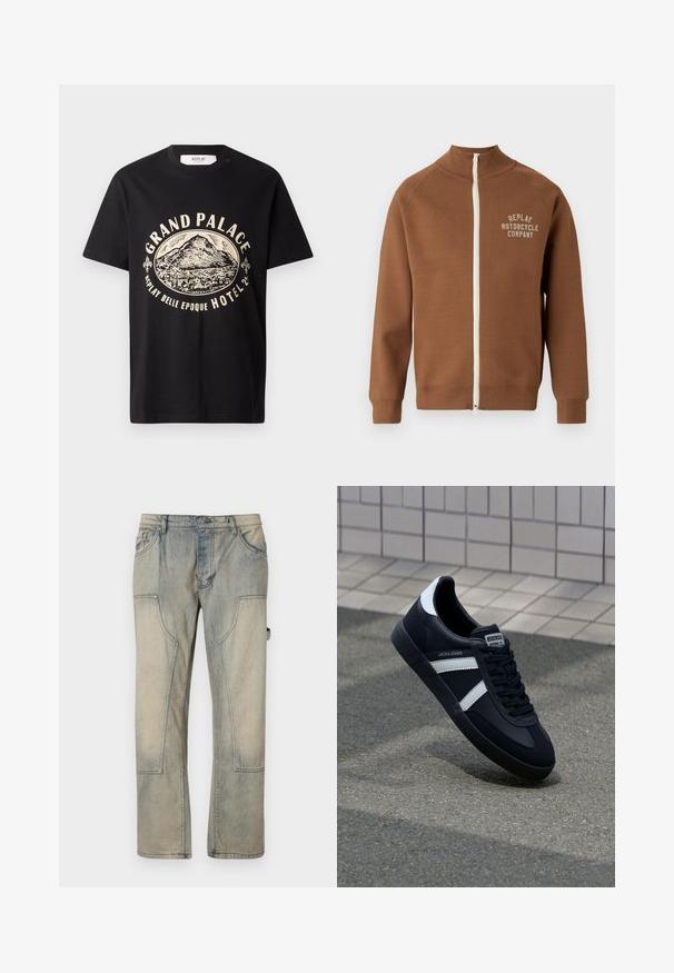 Chaqueta marrón con cremallera y cuello alzado, que presenta una cremallera crema y el logo "REPLAY MOTORCYCLE COMPANY" en beige claro en el pecho.; Camiseta de algodón negra con un estampado gráfico en beige de una montaña y texto que dice "Grand Palace Replay Belle Epoque Hotel". Diseño sencillo de cuello redondo.; Vaqueros de un azul claro desvanecido con un ajuste holgado, que cuentan con grandes bolsillos frontales y costuras en contraste. La tela tiene una textura suave y desgastada.; Zapatilla de cuero negra con rayas blancas, suela de goma texturizada y parte frontal con cordones. Cuenta con una etiqueta de marca en la lengüeta.
