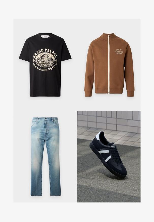 Bruine zip-up jas met staande kraag, voorzien van een crèmekleurige rits en het "REPLAY MOTORCYCLE COMPANY" logo in lichtbeige op de borst.; Zwart katoenen t-shirt met een beige grafische print van een berg en de tekst "Grand Palace Replay Belle Epoque Hotel." Eenvoudig ontwerp met ronde hals.; Replay WAINE PANTS - Relaxed fit jeans - light blue; Zwarte leren sneaker met witte strepen, een gestructureerde rubberen zool en vetersluiting aan de voorkant. Voorzien van een merklabel op de tong.