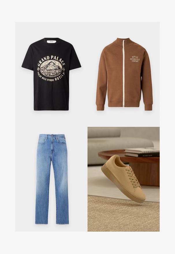 Bruine zip-up jas met staande kraag, voorzien van een crèmekleurige rits en het "REPLAY MOTORCYCLE COMPANY" logo in lichtbeige op de borst.; Zwart katoenen t-shirt met een beige grafische print van een berg en de tekst "Grand Palace Replay Belle Epoque Hotel." Eenvoudig ontwerp met ronde hals.; Lichtblauwe rechte spijkerbroek met knoopsluiting aan de voorkant, rits en vijf zakken ontwerp op witte achtergrond.; Beige vetersneaker die boven een gestructureerd tapijt zweeft, met een houten salontafel en gestapelde boeken op een wazige achtergrond.
