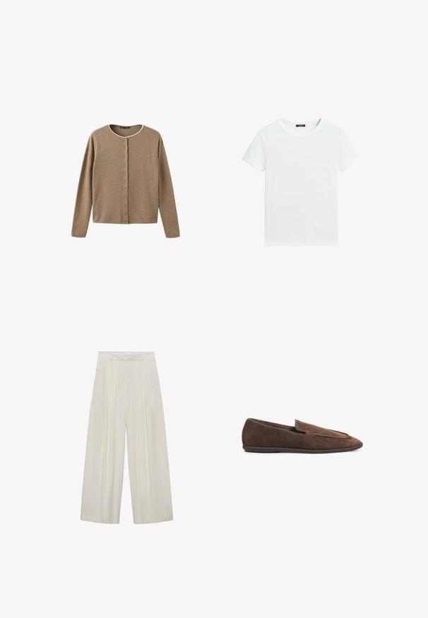 Brun langærmet knappet cardigan med rund halsudskæring og hvide kanter på krave og kant mod en hvid baggrund.; Almindelig hvid T-shirt med korte ærmer, rund halsudskæring og lille sort label inden i kraven.; Bredde bukser i lys beige med lodrette hvide striber. Har høj talje, plisseret front og glat tekstur.; Brune herre loafers i ruskind med spids tå og lav sort gummisål, vist i sideprofil på hvid baggrund.