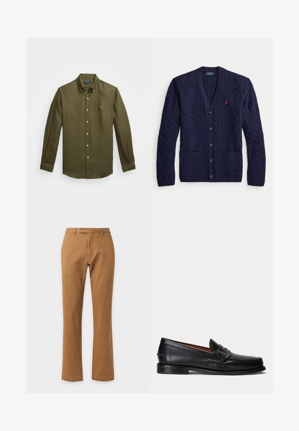Marineblå kabelstrikket cardigan med knapper, to framlommer og en liten rød brodert logo på venstre bryst.; Olivenfarget langermet skjorte laget av lin med knappekrage, har hvite knapper og en liten oransje logo på brystet.; Brune bukser med rette ben, beltehemper og glidelås foran, vist mot en ensfarget lys bakgrunn.; Svarte lær-loafers med lav hæl og penny-rem-detalj, vist fra siden på lys grå bakgrunn.