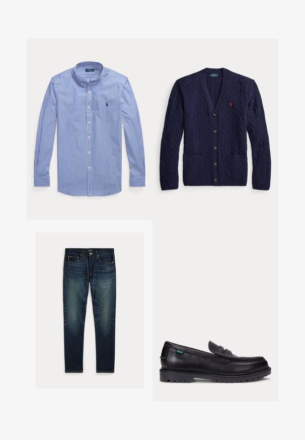 Cardigan bleu marine en maille torsadée avec boutons, deux poches avant et un petit logo rouge brodé sur la poitrine gauche.; Chemise à manches longues rayée verticale bleu et blanc, à boutons, col boutonné, avec le logo Polo Ralph Lauren sur la poitrine.; Jean slim bleu foncé avec détails délavés, design cinq poches et fermeture à boutons, posé à plat sur fond blanc.; Mocassin en cuir noir avec une semelle épaisse à crampons et une petite étiquette verte "Polo" sur le côté extérieur, près du talon.