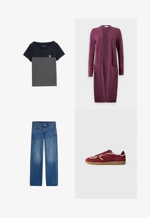 Langer, offen gestalteter cardigan in Pflaumenfarbe mit langen Ärmeln, zwei vorderen Taschen sowie gerippten Bündchen und Saum.; Dunkelblaues T-Shirt mit weißen horizontalen Streifen, rundem Ausschnitt, kurzen Ärmeln und einem kleinen Herz-Logo mit dem Text "TOM TAILOR" auf der Vorderseite.; Helle blaue Jeans mit geradem Bein, fünf Taschen und Knopfverschluss. Merkmale sind ausgewaschene Bereiche und eine leichte Textur.; Rote Wildledersneaker mit cremefarbenen Nähten und Akzenten, Gummisohle, strukturierten Details und einem flachen Design.