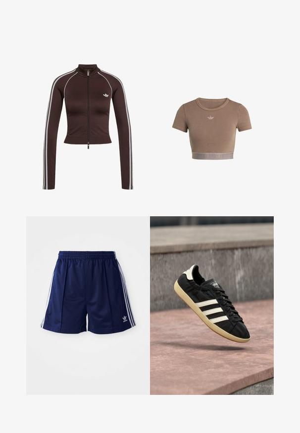 Mørkebrun cropped træningsjakke med forlynlås, høj krave, hvide sidelstriber på ærmerne og lille hvid Adidas-logo på brystet.; Brun ribstrikket cropped top med korte ærmer, rund halsudskæring og en tekstureret kant forneden med et diskret logo-mønster.; Marine atletikshorts lavet af letvægtsmateriale, med hvide sidelister og et broderet logo nederst til venstre. Elastisk talje.; Sort Adidas sneaker med hvide striber og beige sål, fanget i luften over en stenet overflade og baggrund af en stenmur.