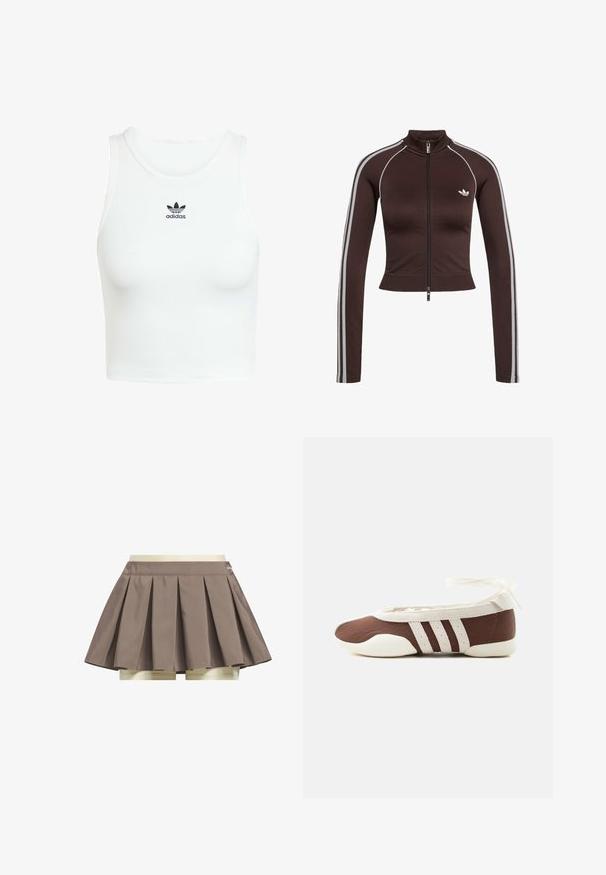 Donkerbruine cropped trainingsjas met ritssluiting aan de voorkant, hoge kraag, witte zijstrepen op de mouwen en klein wit Adidas-logo op de borst.; Witte katoenen tanktop met een aansluitende ribbelstructuur, ronde halslijn en geborduurd zwart Adidas-logo op de voorkant.; Bruine geplooide tennisrok met ingebouwde beige short eronder, weergegeven op een witte achtergrond.; Bruine en witte ballerinaschoenen met drie witte strepen en een strik om de enkel op een effen lichte achtergrond.