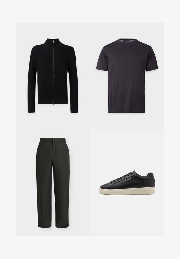 Cardigan noir côtelé à manches longues avec col montant et fermeture éclair intégrale devant sur un fond clair uni.; T-shirt noir uni à manches courtes avec col rond, avec un petit logo ton sur ton sur la poitrine gauche et une étiquette de marque au niveau du col.; Pantalon noir droit avec fermeture par bouton et fermeture éclair et passants de ceinture sur un fond clair uni.; Sneaker en cuir noir avec une finition lisse, semelle crème contrastante, bout arrondi, logo doré sur le côté et six œillets pour les lacets.