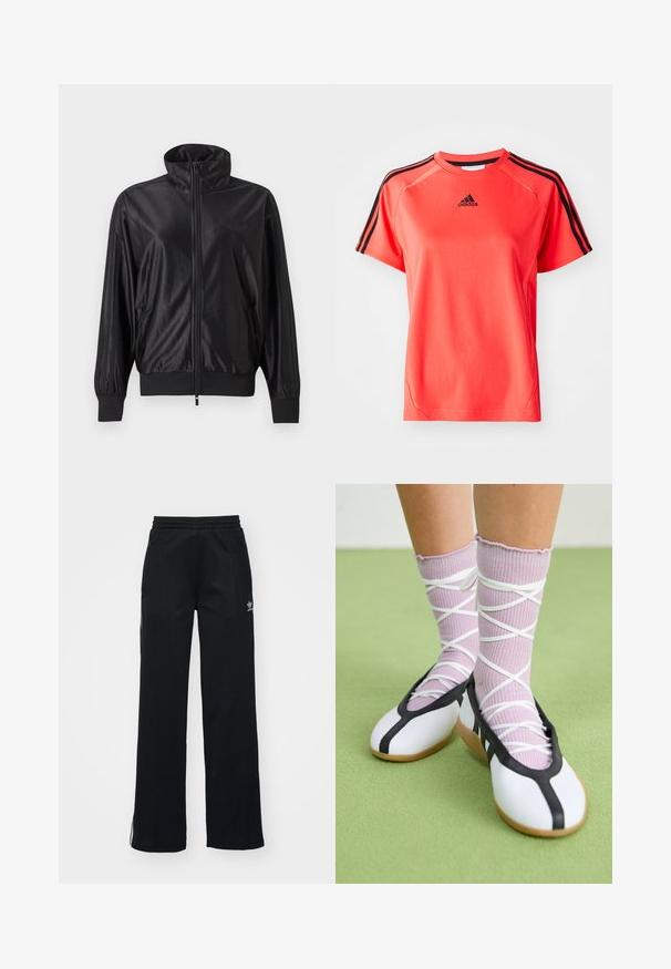 Sort fuld lynlås træningsjakke med høj krave, ribstrikkede manchetter og kant, sidelommer og subtilt logo på venstre bryst.; Kortærmet, lys koralfarvet sportstrøje lavet af letvægtsstof. Har sort Adidas-logo og tre sorte striber på hver skulder.; Sorte træningsbukser med en afslappet pasform, snoretræk i taljen, sidelommer med lynlås og diskret hvid branding på venstre ben.; Ben iført ribbet lilla sokker med hvide krydsede stropper kombineret med hvide balletsko med sort kant på grøn gulv.