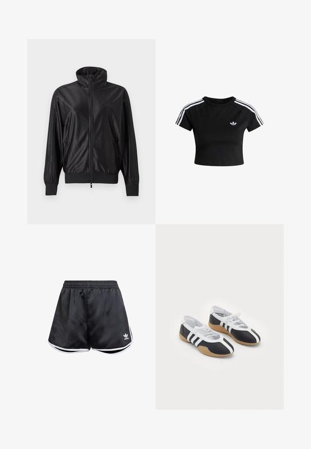 Sort fuld lynlås træningsjakke med høj krave, ribstrikkede manchetter og kant, sidelommer og subtilt logo på venstre bryst.; Sort cropped t-shirt med hvide tredobbelte striber på skuldrene og Adidas trefoil-logo på venstre bryst.; Sorte atletiske shorts lavet af glat syntetisk materiale, med hvide sideakcenter og et broderet logo nederst til venstre.; Sort-hvide sportsko med et slankt design, gummisål, snørebåndslukning og tre hvide striber på siden.