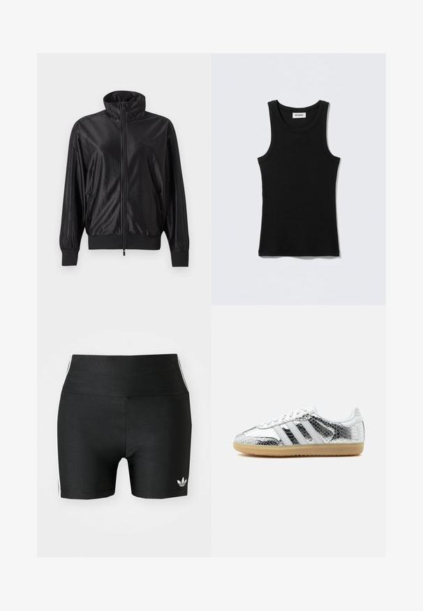 Schwarze Trainingsjacke mit durchgehendem Reißverschluss, hohem Kragen, gerippten Bündchen und Saum, seitlichen Taschen und dezentem Logo auf der linken Brust.; Schwarzes Tanktop aus Baumwolle mit rundem Ausschnitt und schmalen Trägern. Schlichtes Design, keine Muster oder Verzierungen sichtbar.; Schwarze Sportshorts aus einem dehnbaren Stoff mit hoher Taille. Sie verfügen über weiße Seitenstreifen und ein kleines weißes Logo am Saum.; Low-Top-Sneaker mit silber metallic Schlangenhautstruktur, weißen Streifen, weißen Schnürsenkeln und heller Gummisohle auf weißem Hintergrund.