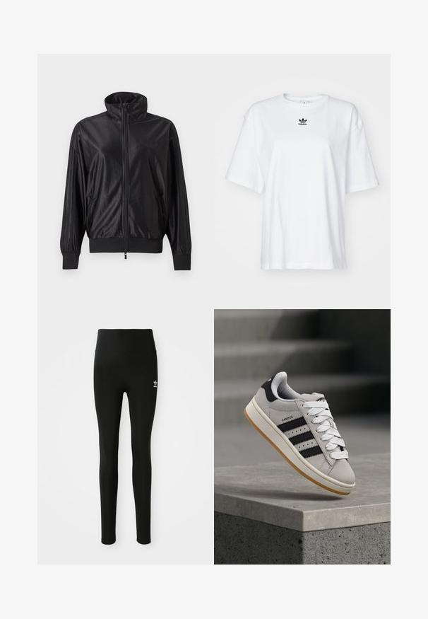 Zwarte trainingsjas met volledige rits, hoge kraag, geribde boorden en zoom, zijzakken en subtiel logo op de linkerborst.; Witte korte mouwen t-shirt van katoen. Voorzien van een ronde hals en een klein zwart Adidas-logo op de borst. Rechthoekige zoom.; Zwarte legging van rekbaar materiaal met een hoge taille, voorzien van een klein wit Adidas-logo op het linkerbeen. Gladde textuur.; Grijze Adidas Campus sneaker met zwarte strepen en witte veter, zwevend boven een betonnen richel met trappen op de achtergrond.